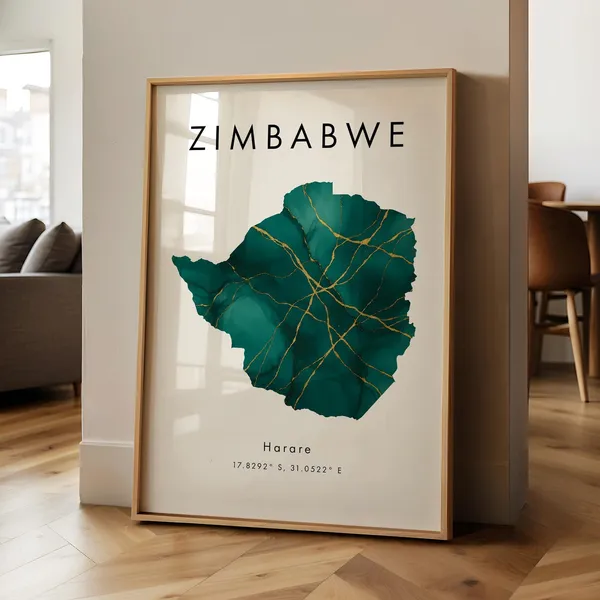 Zimbabwe Map Printed Poster, Green And Gold Travel