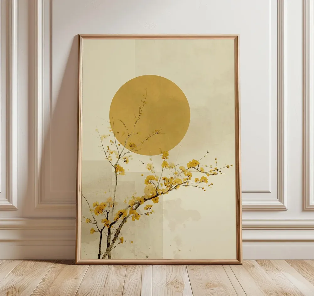 Japanese Golden Sun Blossom Branch Zen Botanical Morning Art Poster