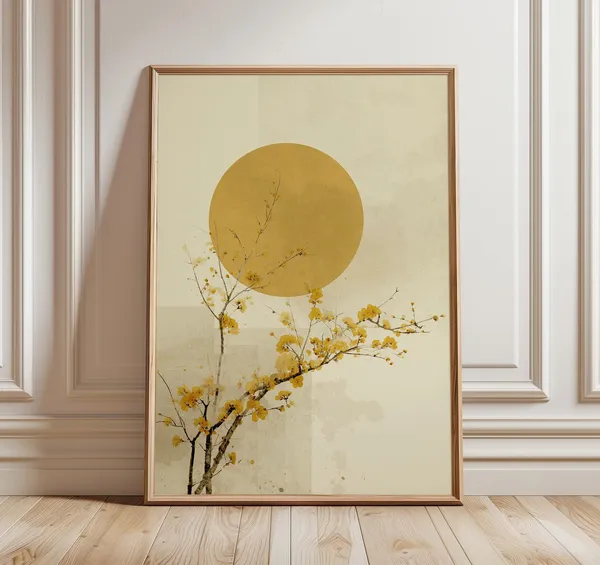 Japanese Golden Sun Blossom Branch Zen Botanical Morning Art Poster