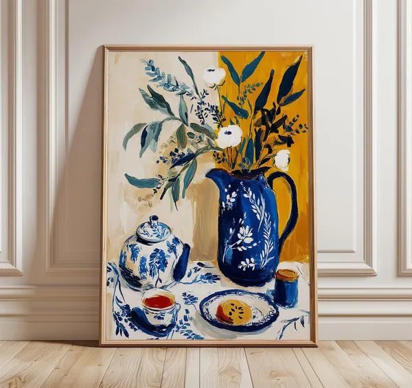 Blue and White Floral Still Life Vintage Tea Set Art Print