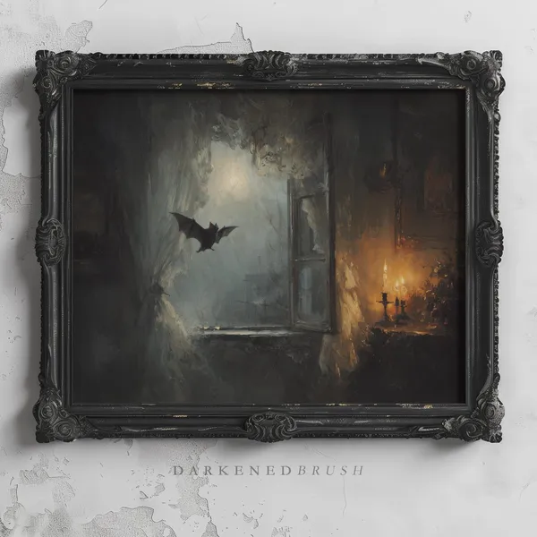 Bat Flying Past Lit Window, Moody Gothic Halloween Art Print