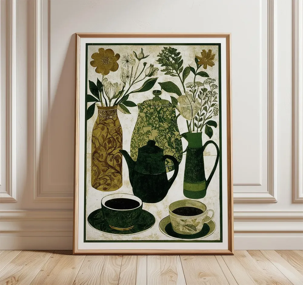 Green Botanical Tea Set Vintage Still Life Cottage Kitchen Art Poster