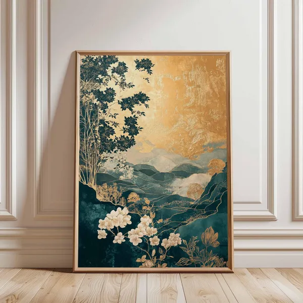 Golden Oriental Landscape Poster, Japanese-Inspired