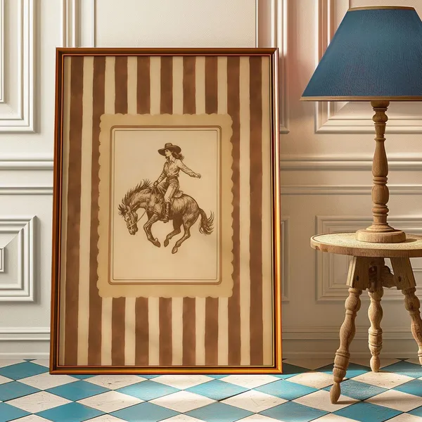 Vintage Western Cowgirl Poster, Rustic Rodeo Print