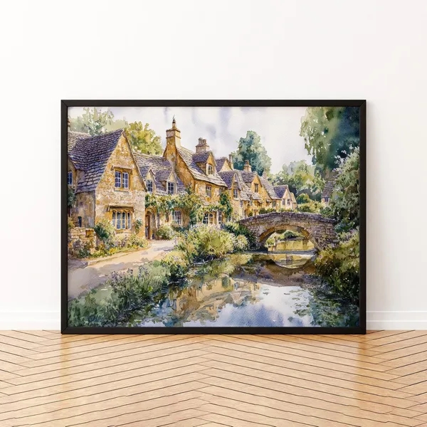 Cotswolds England Watercolor Travel Poster, Village Landscape
