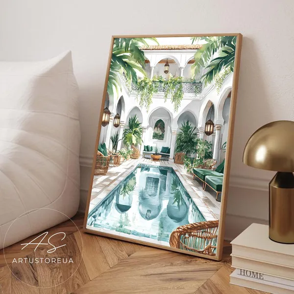 Morocco Watercolor Poster Print, Moroccan Courtyard