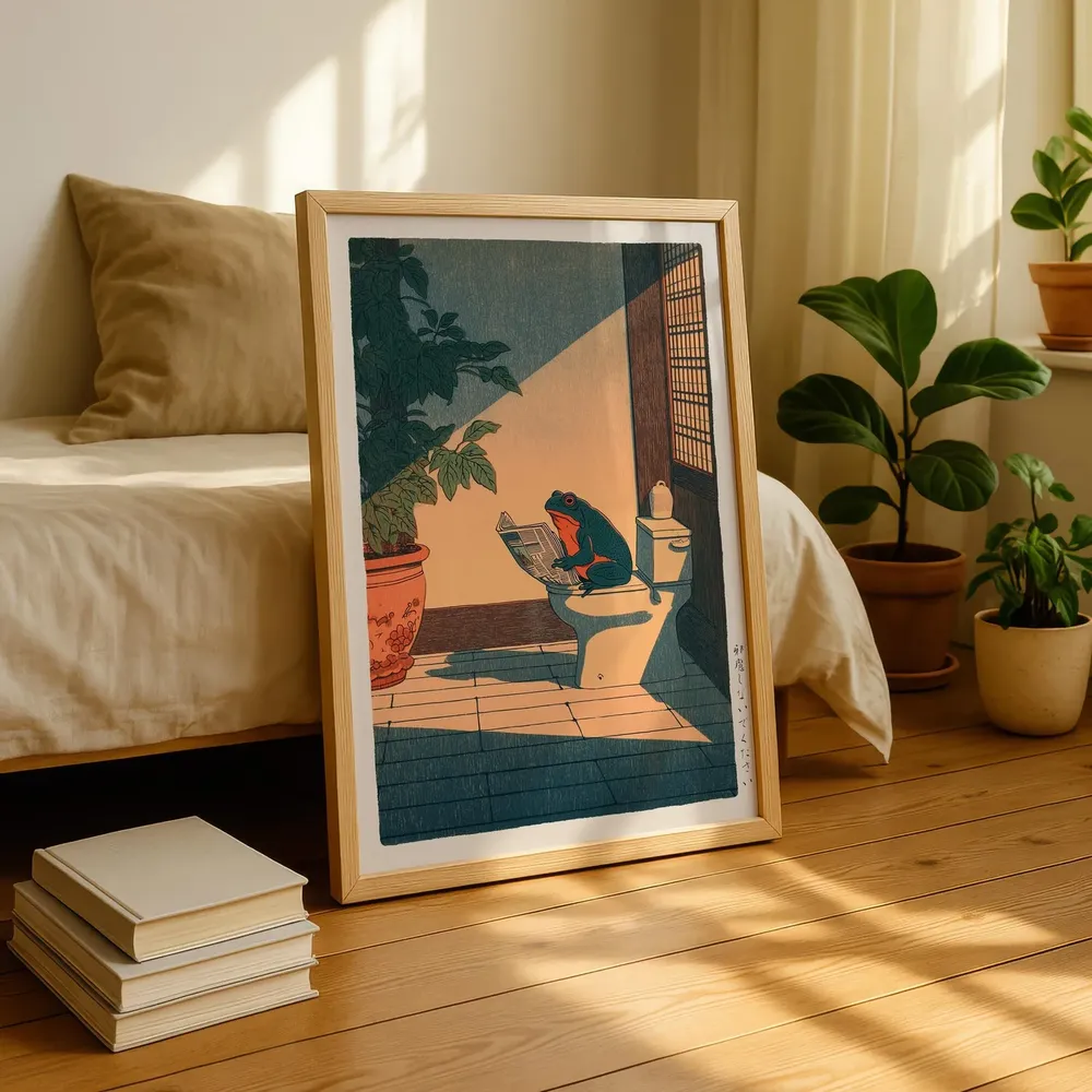 Japanese Frog on Toilet Reading Funny Woodblock Style Poster - Image 7