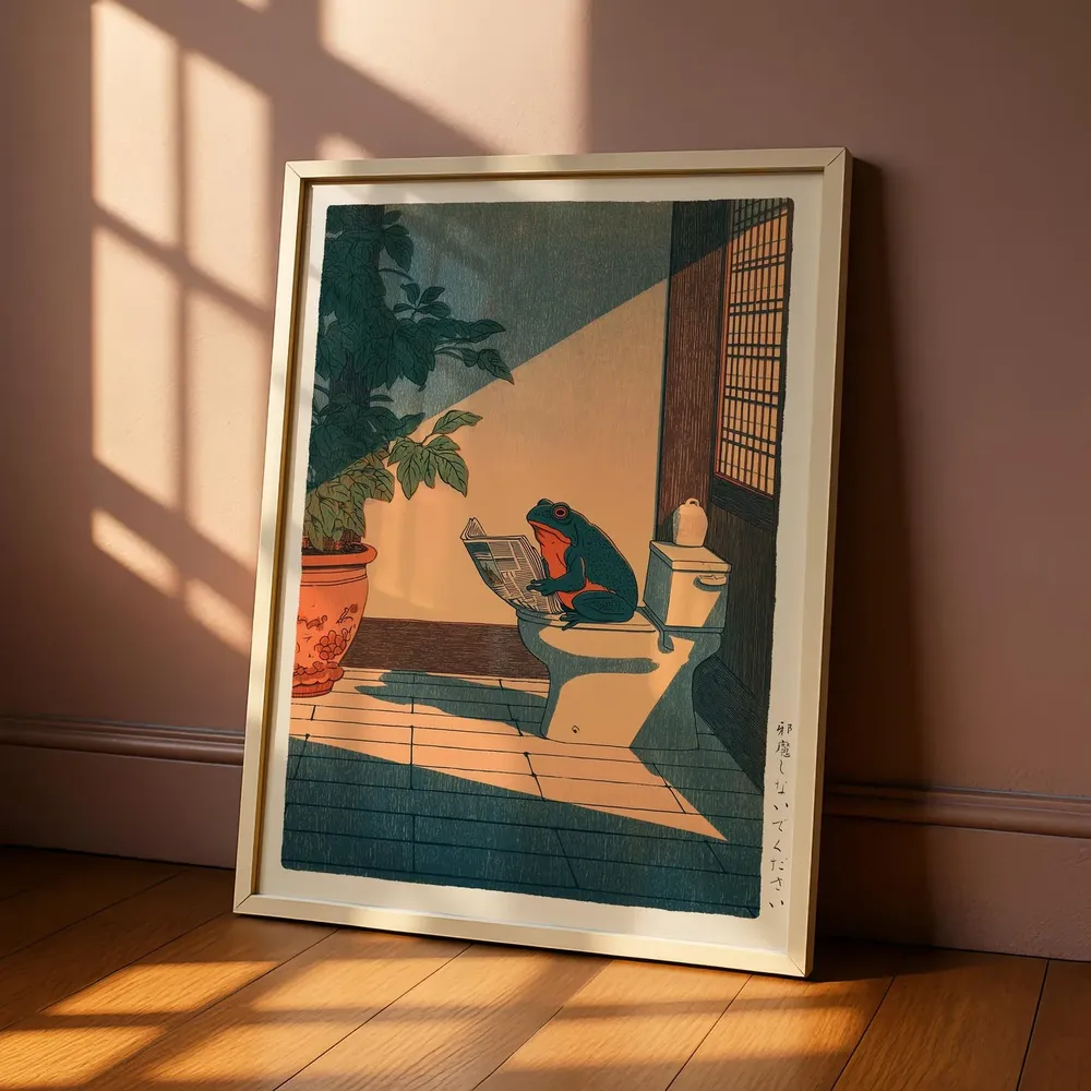 Japanese Frog on Toilet Reading Funny Woodblock Style Poster - Image 4