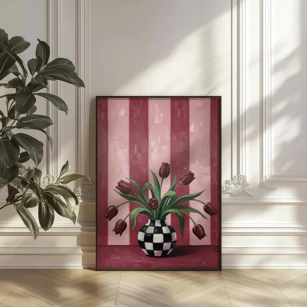 Checkerboard Vase Pink Tulip Poster Print