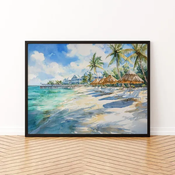 Bahamas Watercolor Travel Poster, Caribbean Coast