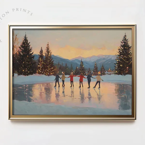 Modern Pastel Christmas Art Print, Winter Skating Rink