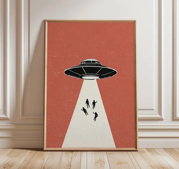 Retro UFO Abduction Art Print, Minimalist Vintage