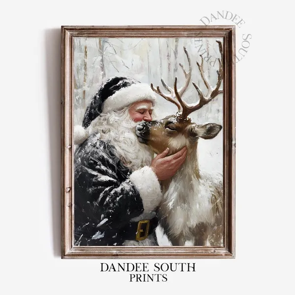 Santa With Reindeer, Rustic Christmas Wall Art Print