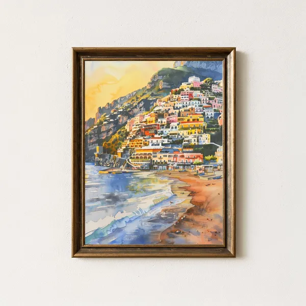Positano Italy Watercolor Print, Amalfi Coast Coastal Art