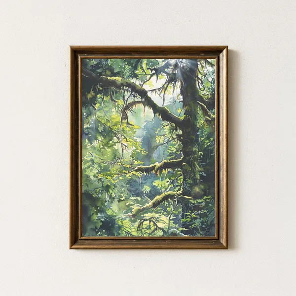 Hoh Rainforest Watercolor Print, Pacific Northwest Forest