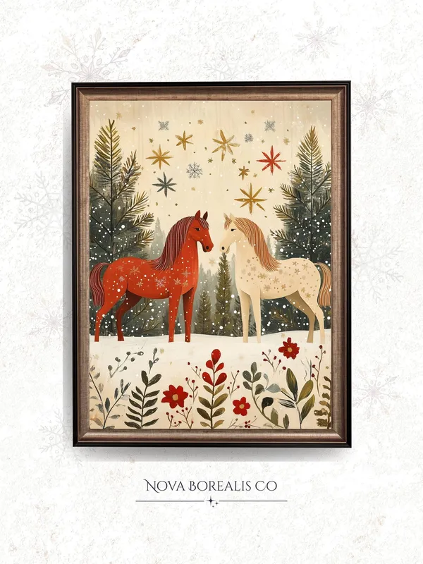 Rustic Folk Art Horses, Scandinavian Style Art Print
