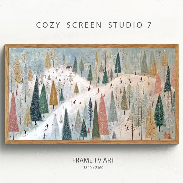 Skiers Winter Landscape Art Print, Cozy Christmas Decor