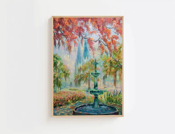 Savannah Cathedral Art Print, Lafayette Square Autumn Landscape