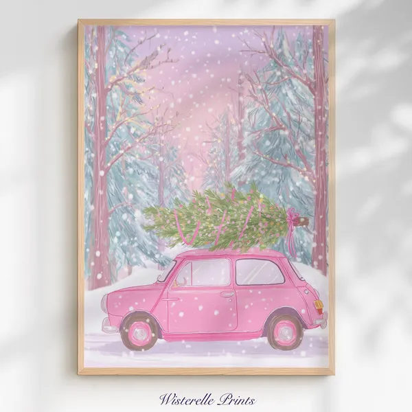 Pink Christmas Car Art Print, Cute Dorm Decor