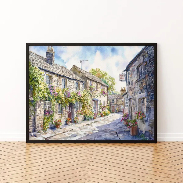Grassington England Watercolor Travel Poster, Yorkshire Dales