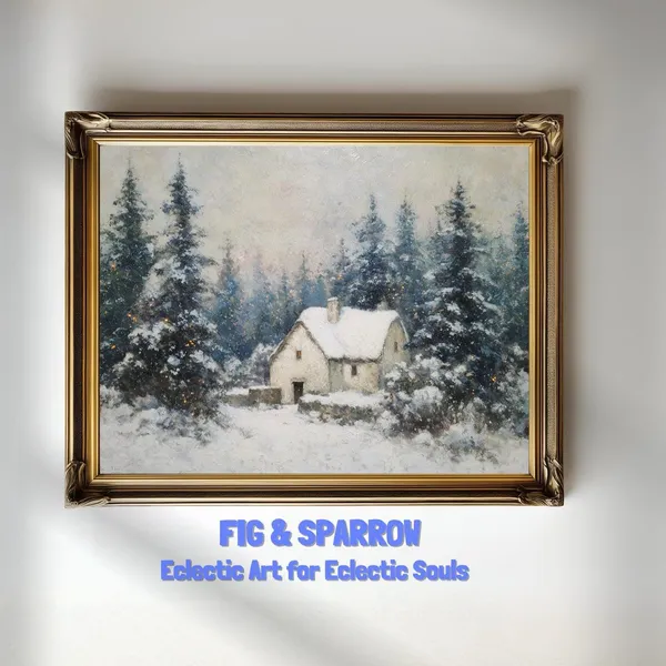 Winter Cabin In Snow Vintage Christmas Art Print