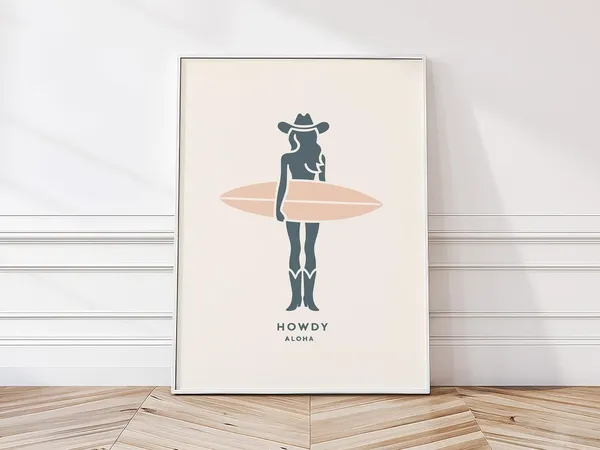 Desert Surf Cowgirl, Howdy Aloha Coastal Poster