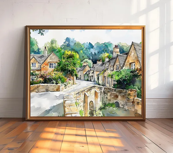 English Countryside Watercolor Art Print, Cotswold Village