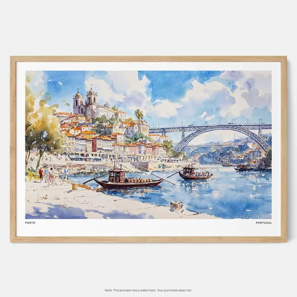 Porto Portugal Watercolor Art Print, River Landscape