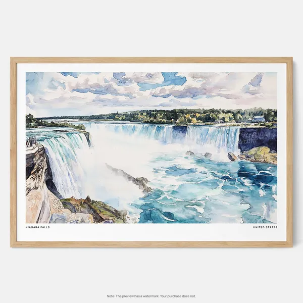 Niagara Falls Watercolor Art Print, Dramatic Waterfall