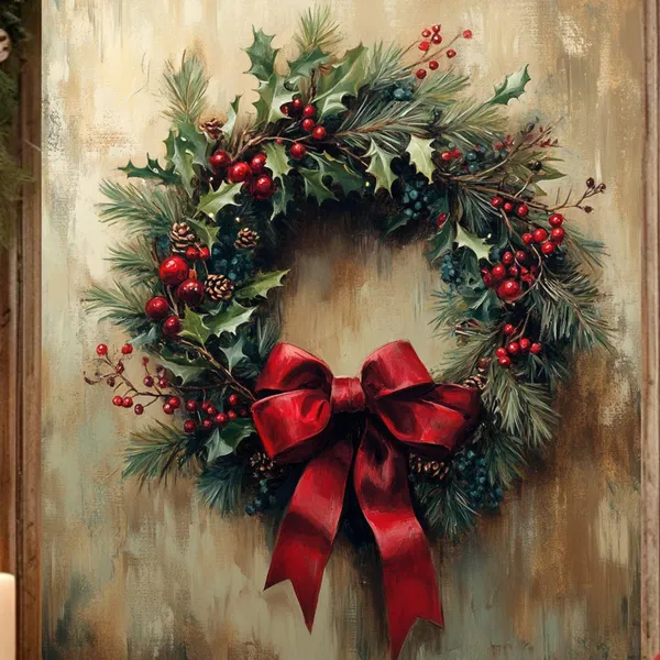 Vintage Mistletoe Christmas Wreath Art Print