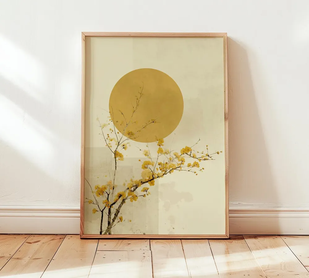 Japanese Golden Sun Blossom Branch Zen Botanical Morning Art Poster - Image 2