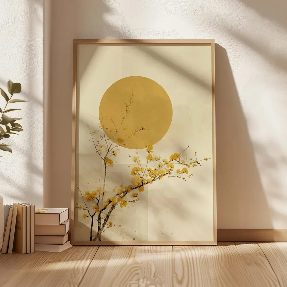 Japanese Golden Sun Blossom Branch Zen Botanical Morning Art Poster - Image 3