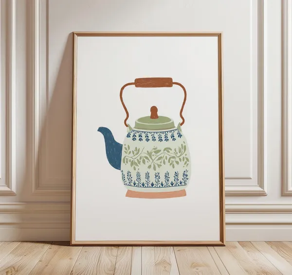 Vintage Teapot Art Print, Rustic Kitchen Folk Pattern