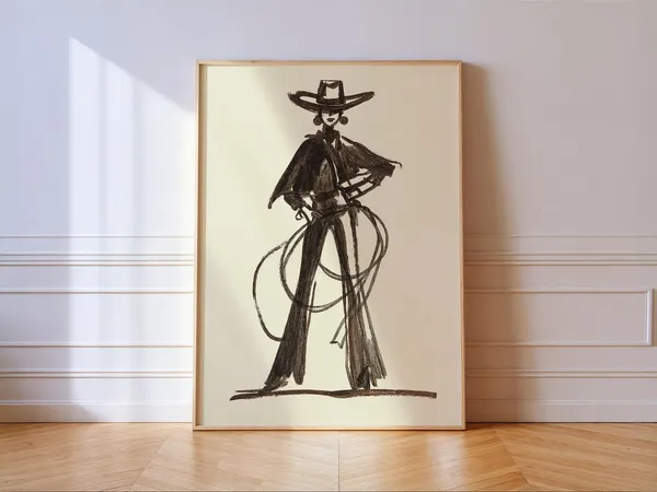 Modern Cowgirl Sketch Print, Western Art