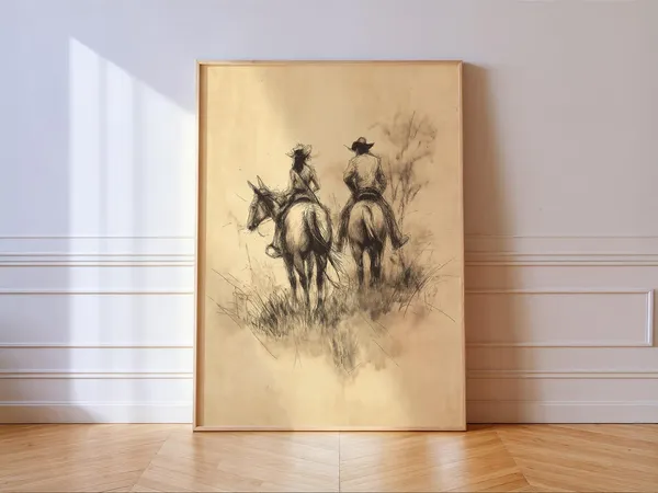 Cowboy Cowgirl Art Print, Rustic Western Sketch