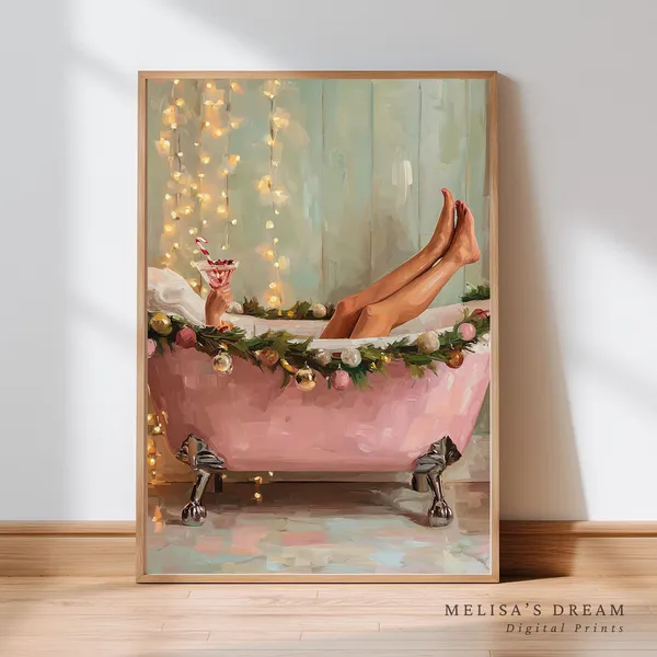 Pink Christmas Bathtub Art Print, Cozy Holiday Decor