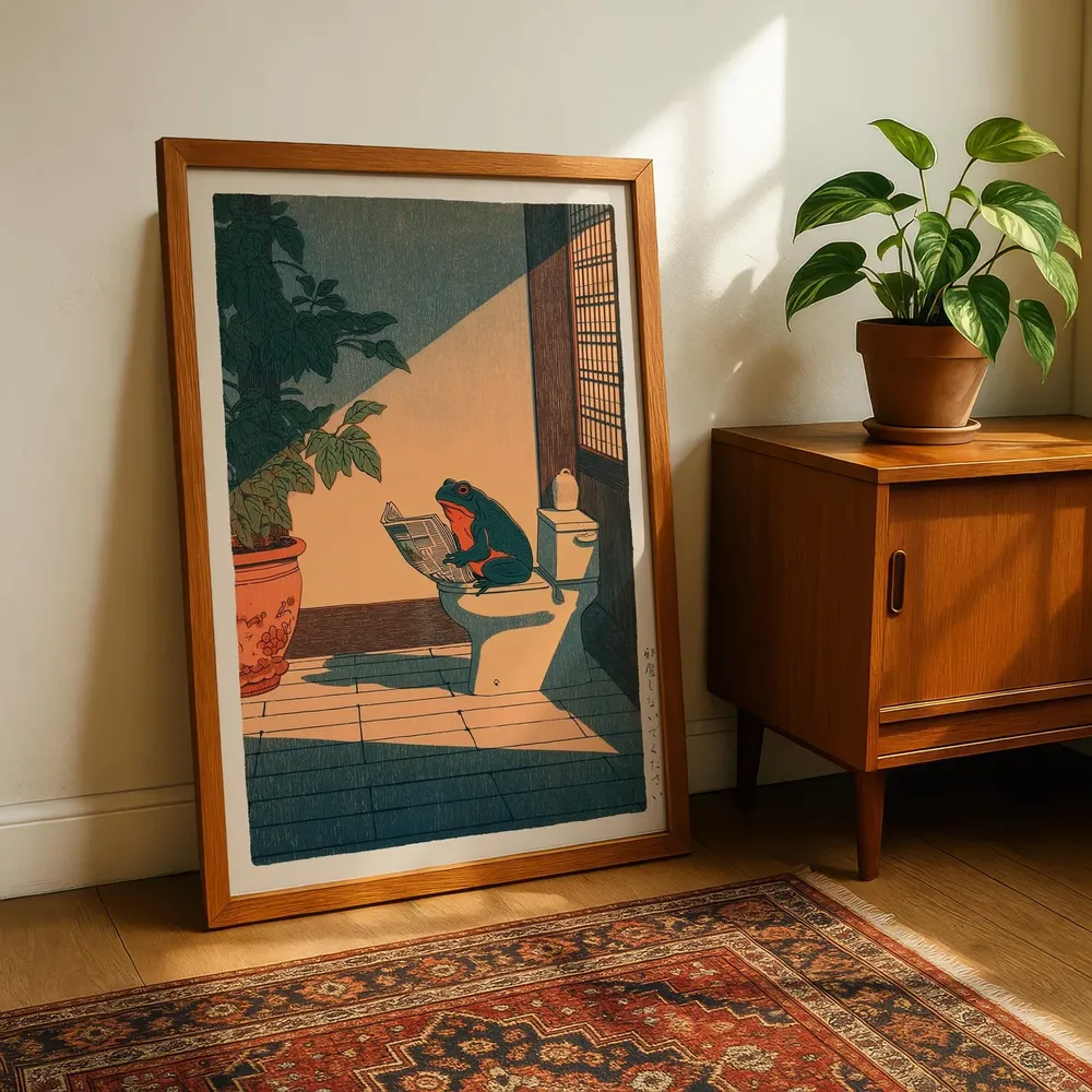 Japanese Frog on Toilet Reading Funny Woodblock Style Poster - Image 5