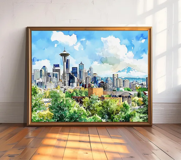 Seattle Skyline Watercolor Poster, Washington Travel