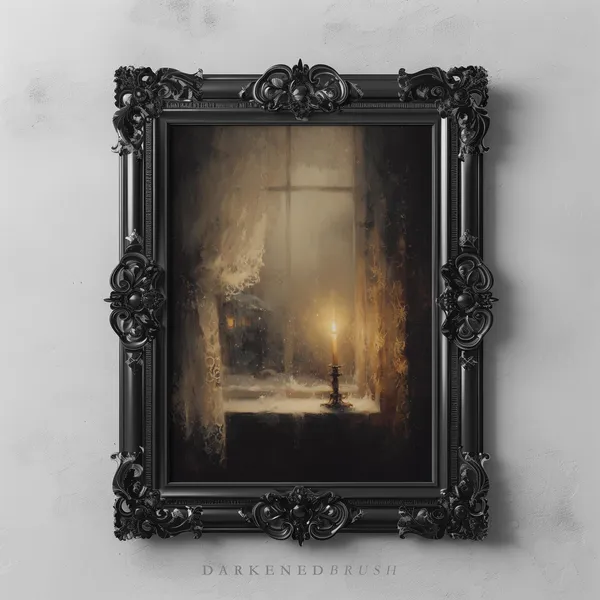 Single Candle in Window at Dusk, Vintage Holiday Art Print