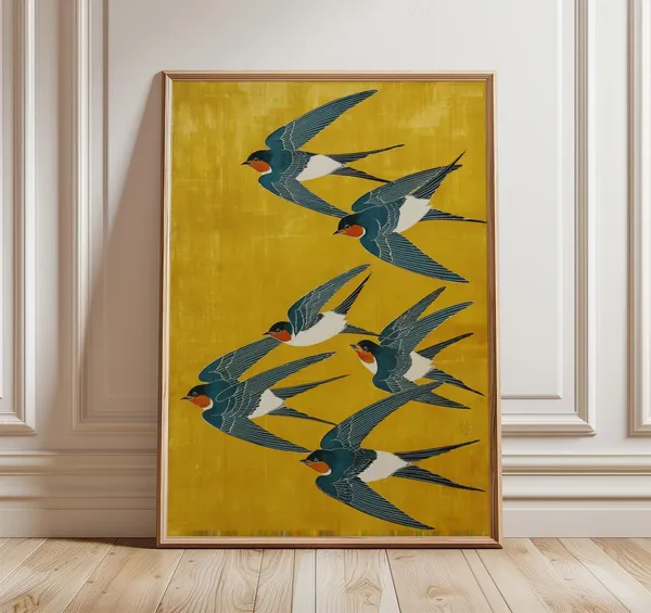 Swallow Birds Japanese Art Print, Yellow Blue Wall