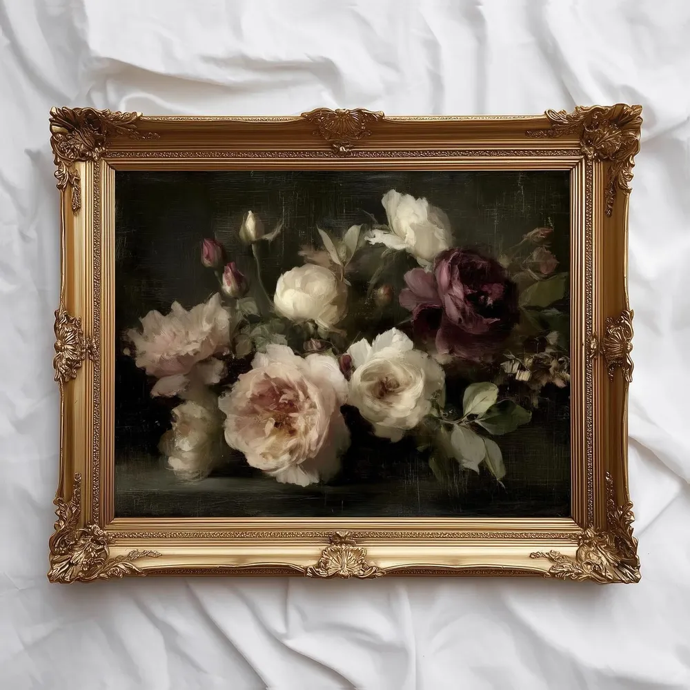 Dark Floral Bouquet Vintage Moody Roses Print