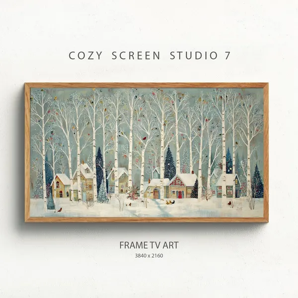 Winter Birch Tree Village Art Print, Town Painting