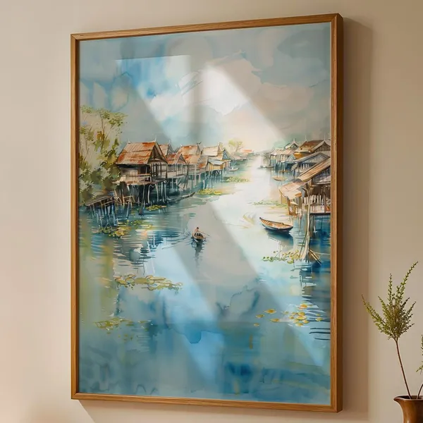 Cambodian Floating Village Art Print, Tonle Sap Watercolor