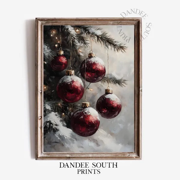 Christmas Red Ornaments Oil-Painting-Style Art Print