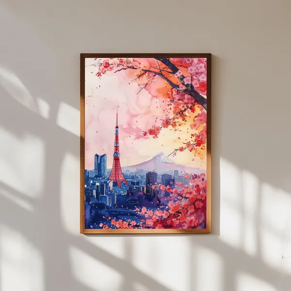 Tokyo Tower Watercolor Print, Mount Fuji and Cherry Blossoms