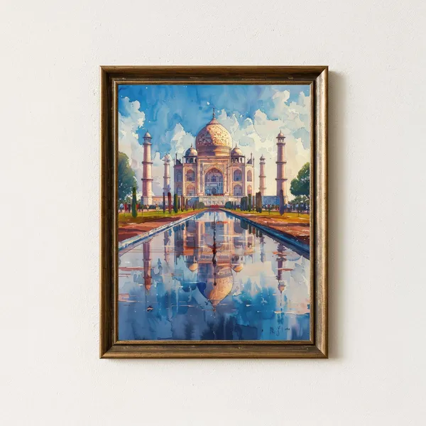 Taj Mahal Watercolor Travel Poster, India Sunrise