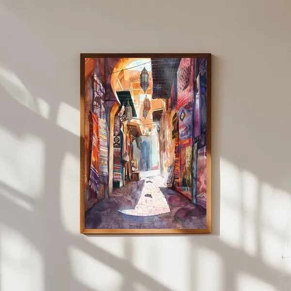 Moroccan Lantern Alley Watercolor Art Print, Marrakech