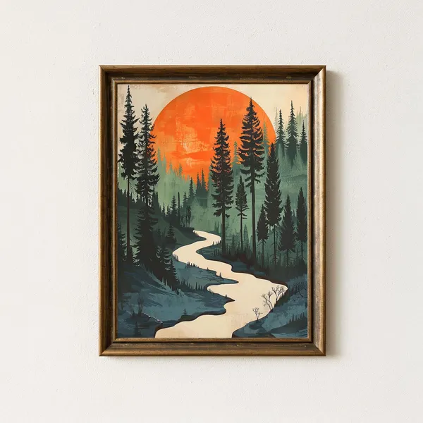 Retro Pine Forest Vintage River Landscape Art Print