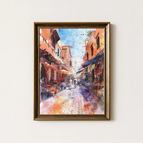 Marrakech Medina Watercolor Art Print, Moroccan Market