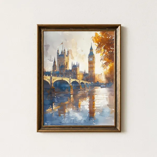 Westminster Palace Watercolor Print, Big Ben London Landmark